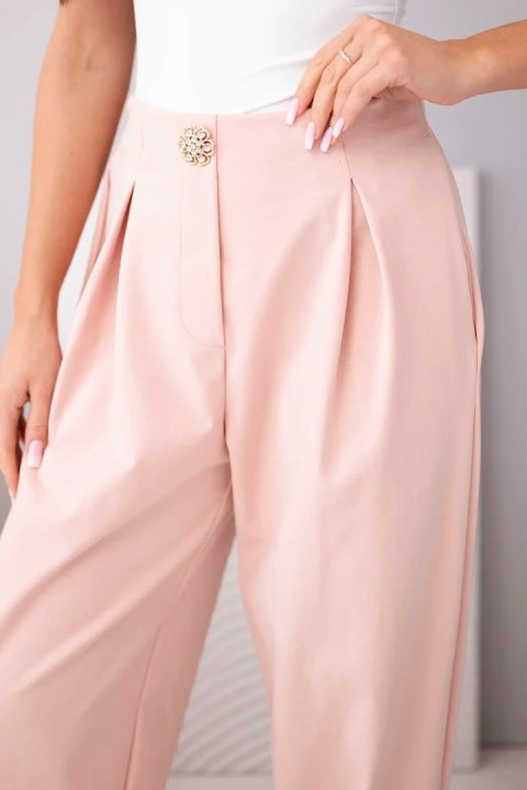 Spodnie damskie bawełniane z wysokim stanem i ozdobnym guzikiem ciemny pudrowy róż