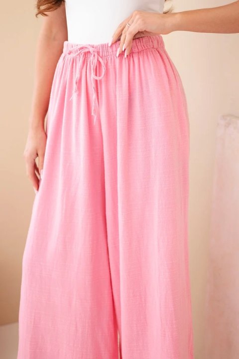 Spodnie damskie szerokie bawełniane z gumką w pasie cukierkowy róż