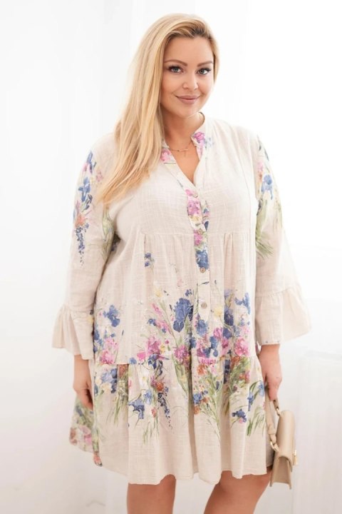 Sukienka damska bawełniana Plus Size z dekoltem V i guzikami kwiatowy wzór beżowa
