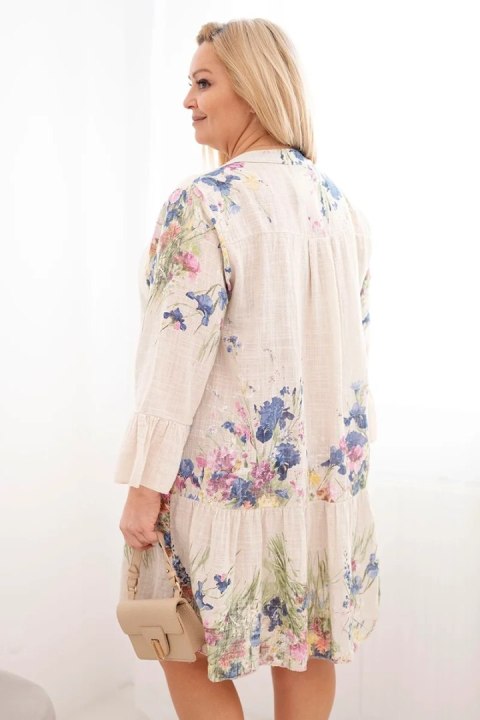 Sukienka damska bawełniana Plus Size z dekoltem V i guzikami kwiatowy wzór beżowa