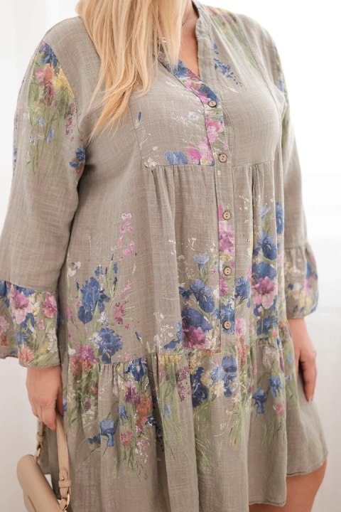 Sukienka damska bawełniana Plus Size z dekoltem V i guzikami kwiatowy wzór fango