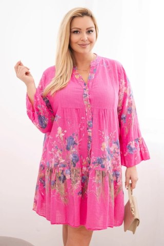Sukienka damska bawełniana Plus Size z dekoltem V i guzikami kwiatowy wzór fuksja