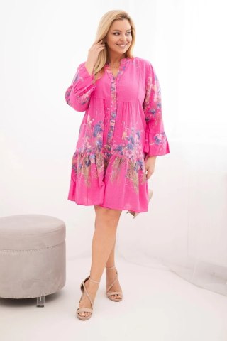 Sukienka damska bawełniana Plus Size z dekoltem V i guzikami kwiatowy wzór fuksja