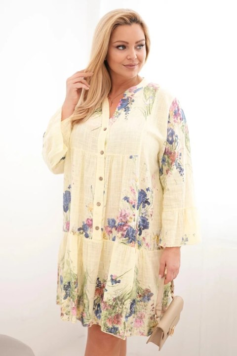 Sukienka damska bawełniana Plus Size z dekoltem V i guzikami kwiatowy wzór żółta