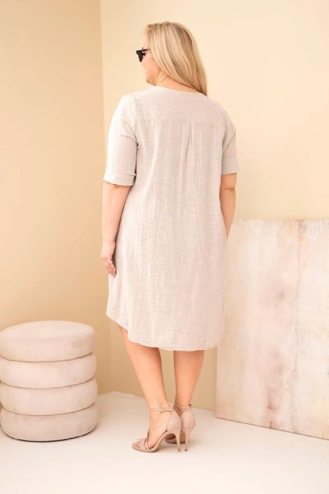 Sukienka damska bawełniana Plus Size z wiązaniem przy dekolcie beżowa