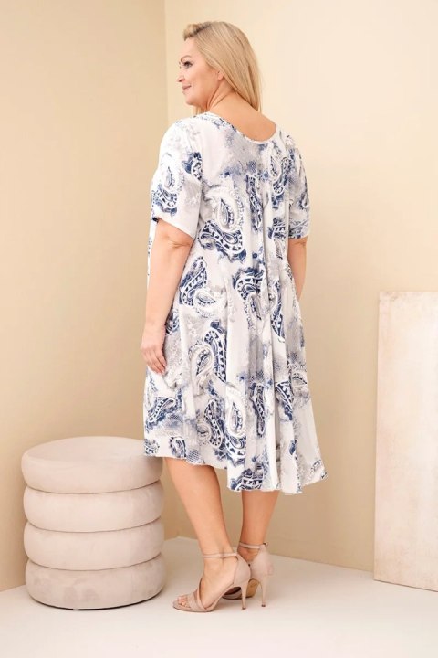 Sukienka damska wiskozowa Plus Size z krótkim rękawem i fasonem paisley beżowa