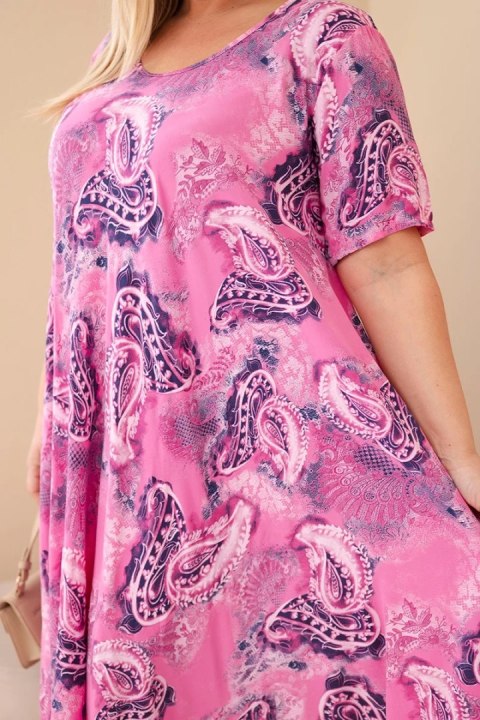 Sukienka damska wiskozowa Plus Size z krótkim rękawem i fasonem paisley ciemno różowa