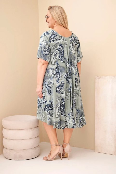 Sukienka damska wiskozowa Plus Size z krótkim rękawem i fasonem paisley khaki