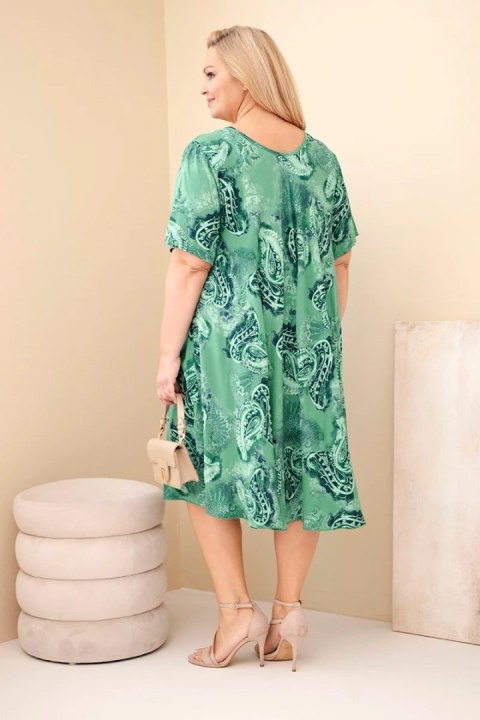 Sukienka damska wiskozowa Plus Size z krótkim rękawem i fasonem paisley zielona