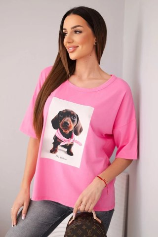 Bluzka damska bawełniana oversize z nadrukiem "Dog Fashion" różowa