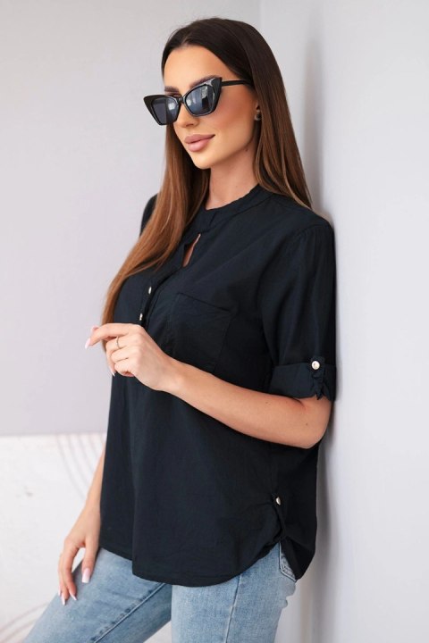 Bluzka damska koszulowa bawełniana z krótkim rękawem i kieszonką czarna