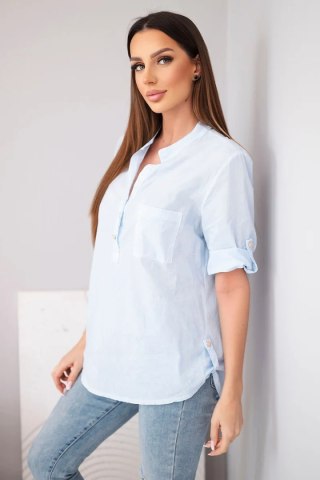 Bluzka damska koszulowa bawełniana z krótkim rękawem i kieszonką niebieska