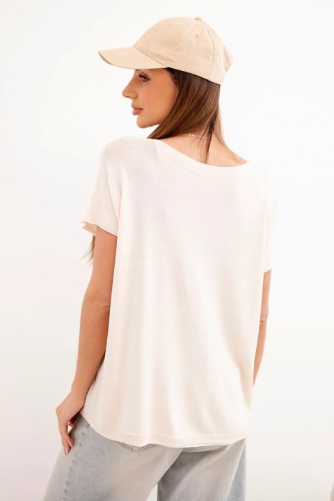 Bluzka damska wiskozowa oversize z krótkim rękawem i okrągłym dekoltem beżowa