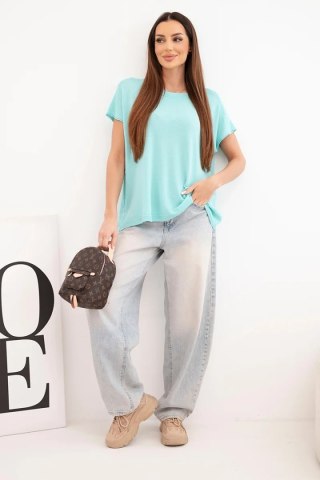 Bluzka damska wiskozowa oversize z krótkim rękawem i okrągłym dekoltem miętowa