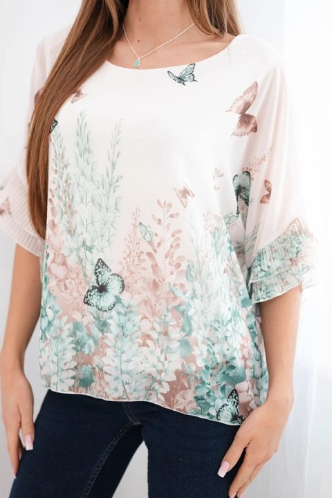 Bluzka damska z plisowanym rękawem i nadrukiem miętowa