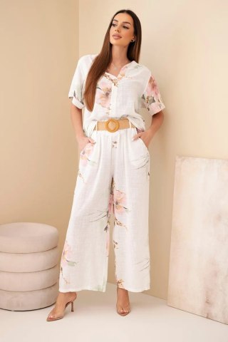Komplet damski bawełniany z krótkim rękawem i szeroką nogawką biały