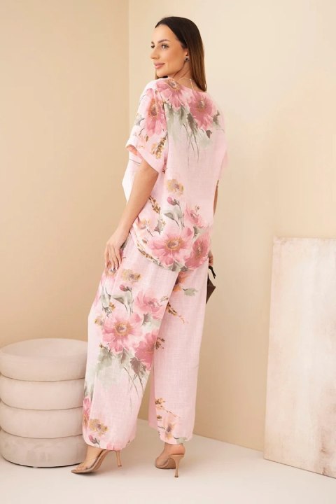 Komplet damski bawełniany z krótkim rękawem i szeroką nogawką cukierkowy róż