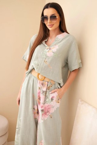 Komplet damski bawełniany z krótkim rękawem i szeroką nogawką khaki