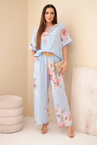 Komplet damski bawełniany z krótkim rękawem i szeroką nogawką niebieski