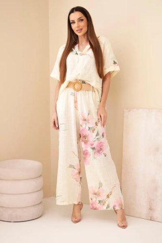 Komplet damski bawełniany z krótkim rękawem i szeroką nogawką żółty