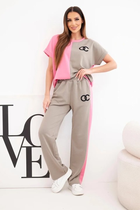 Komplet damski masełkowy z bluzą oversize i szerokimi spodniami różowy + fango