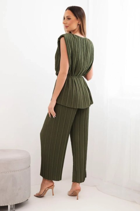 Komplet damski wiskozowy plisowany z wiązaną bluzką i szerokimi spodniami khaki