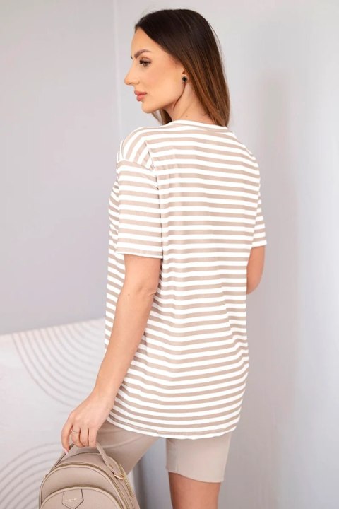 Komplet damski wiskozowy w paski z krótkim rękawem i spodenkami beżowy