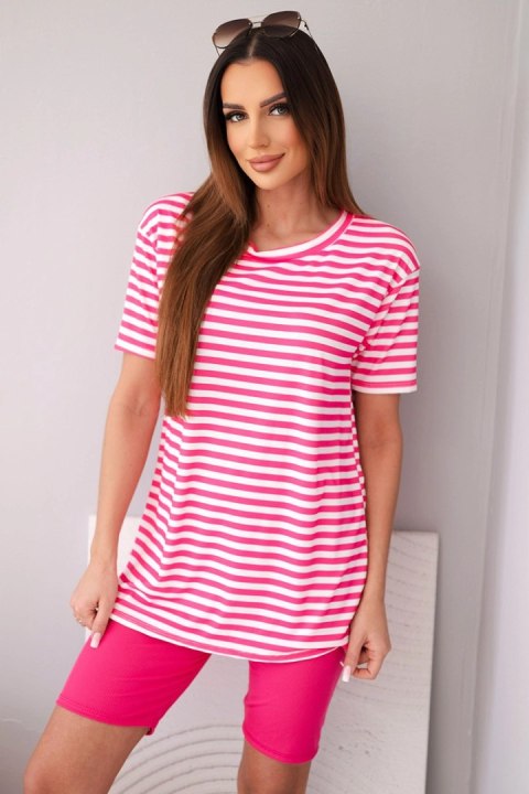 Komplet damski wiskozowy w paski z krótkim rękawem i spodenkami fuksja