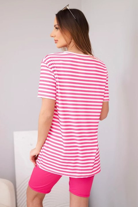 Komplet damski wiskozowy w paski z krótkim rękawem i spodenkami fuksja