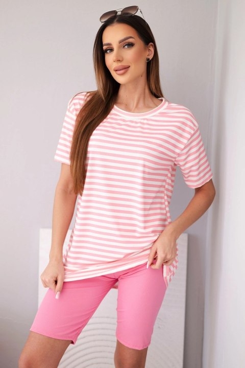 Komplet damski wiskozowy w paski z krótkim rękawem i spodenkami jasno różowy