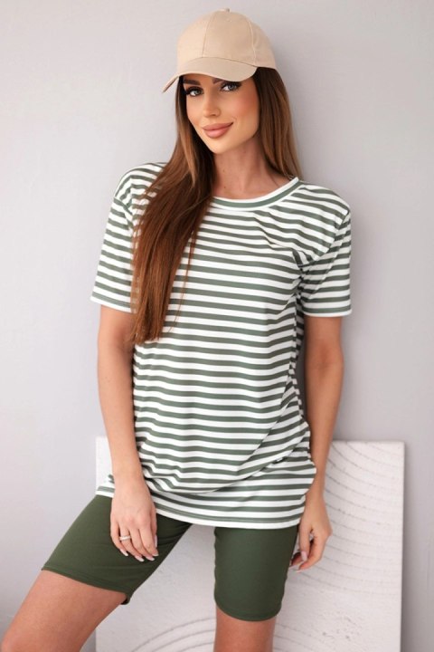Komplet damski wiskozowy w paski z krótkim rękawem i spodenkami khaki