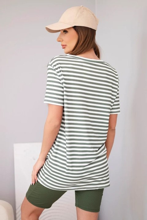 Komplet damski wiskozowy w paski z krótkim rękawem i spodenkami khaki