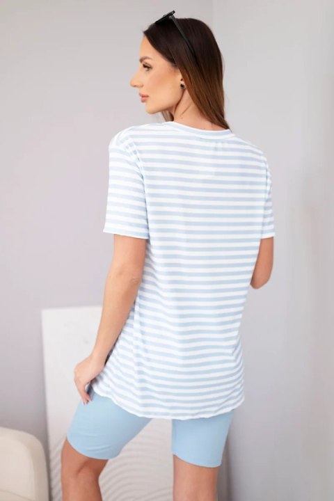 Komplet damski wiskozowy w paski z krótkim rękawem i spodenkami niebieski