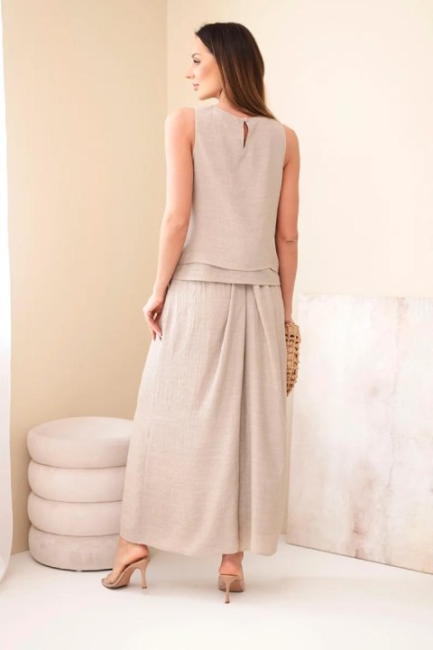 Komplet damski z wiskozą z topem bez rękawów i spodniami szeroka nogawka z ozdobnym wykończeniem fango