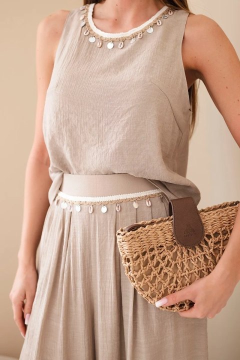 Komplet damski z wiskozą z topem bez rękawów i spodniami szeroka nogawka z ozdobnym wykończeniem fango