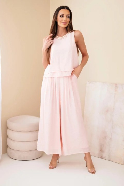 Komplet damski z wiskozą z topem bez rękawów i spodniami szeroka nogawka z ozdobnym wykończeniem pudrowy róż
