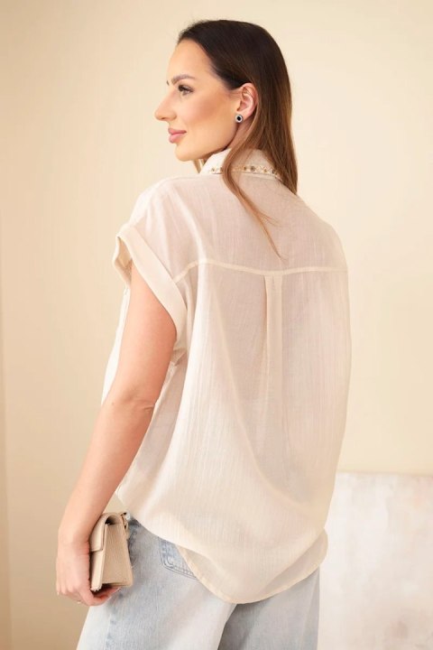 Koszula damska z tencelu z ozdobnym kołnierzykiem i kieszeniami ciemno beżowa