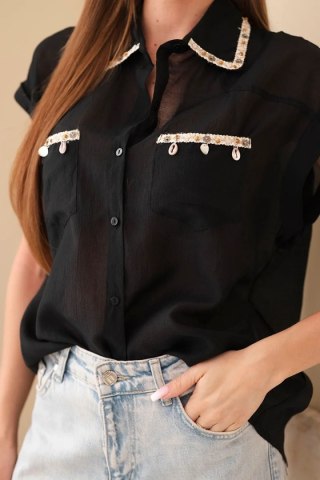 Koszula damska z tencelu z ozdobnym kołnierzykiem i kieszeniami czarna