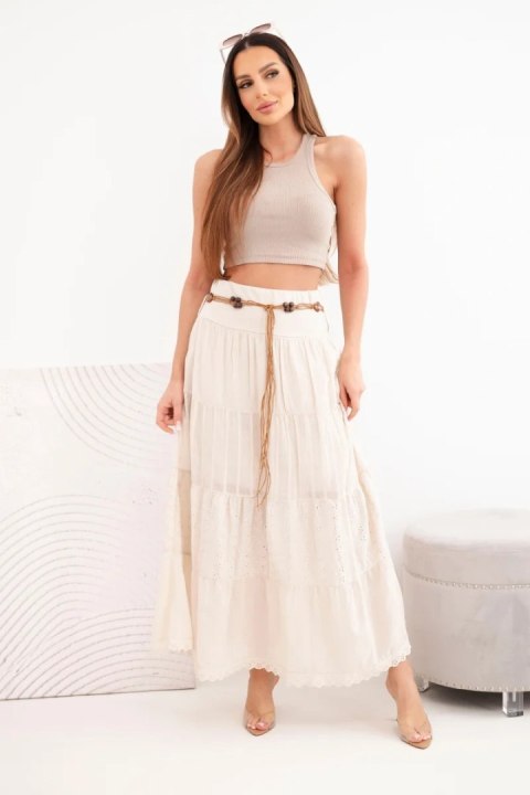Spódnica damska maxi bawełniana z ażurowym haftem i elastycznym pasem beżowa