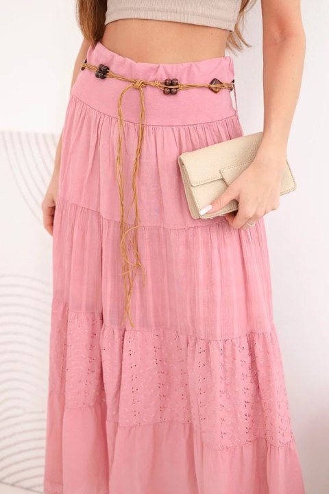 Spódnica damska maxi bawełniana z ażurowym haftem i elastycznym pasem ciemno różowa