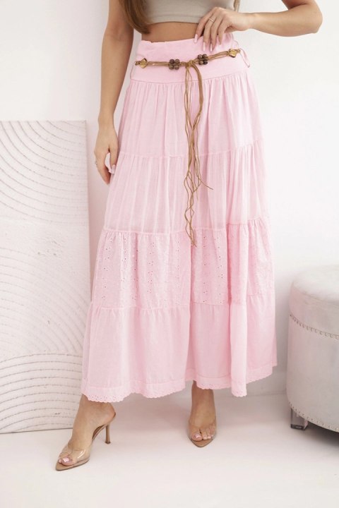 Spódnica damska maxi bawełniana z ażurowym haftem i elastycznym pasem cukierkowy róż