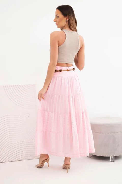 Spódnica damska maxi bawełniana z ażurowym haftem i elastycznym pasem cukierkowy róż