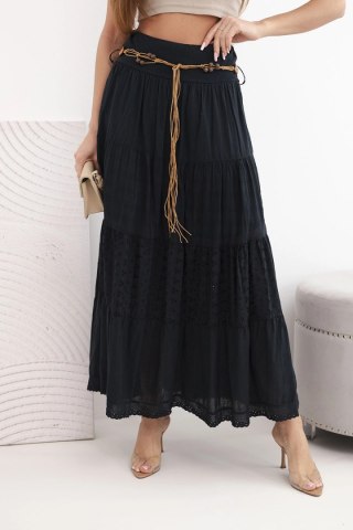 Spódnica damska maxi bawełniana z ażurowym haftem i elastycznym pasem czarna