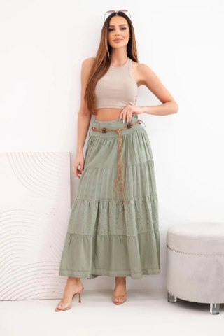 Spódnica damska maxi bawełniana z ażurowym haftem i elastycznym pasem khaki