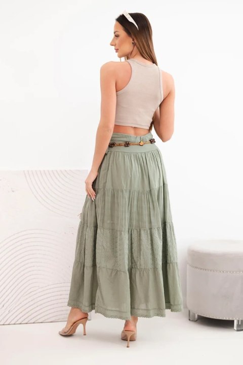 Spódnica damska maxi bawełniana z ażurowym haftem i elastycznym pasem khaki