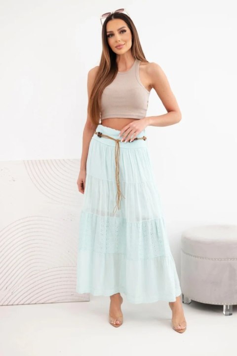Spódnica damska maxi bawełniana z ażurowym haftem i elastycznym pasem miętowa