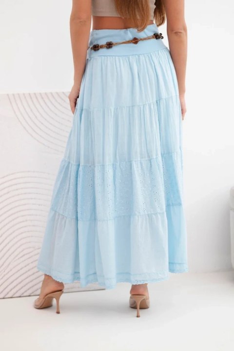 Spódnica damska maxi bawełniana z ażurowym haftem i elastycznym pasem niebieska