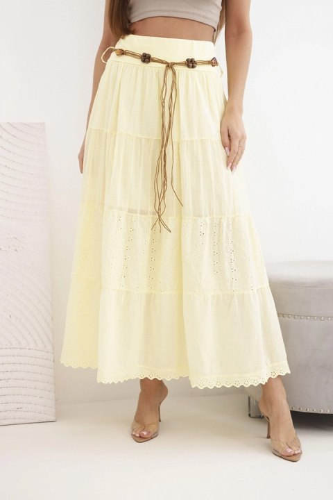Spódnica damska maxi bawełniana z ażurowym haftem i elastycznym pasem żółta