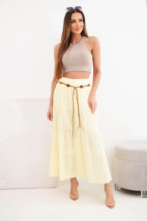 Spódnica damska maxi bawełniana z ażurowym haftem i elastycznym pasem żółta