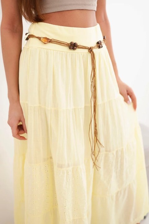 Spódnica damska maxi bawełniana z ażurowym haftem i elastycznym pasem żółta